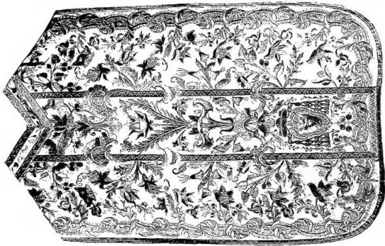 Left: CHASUBLE OF RED BROCADE WITH EMBROIDERY (16th cent.) - Perugia, Museo dell'Opera del Duomo.