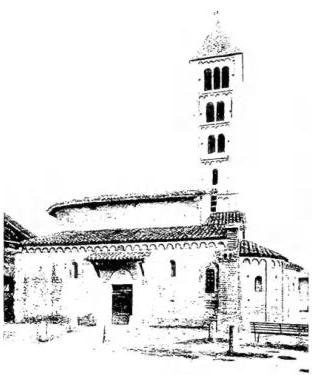 Above left: SOUTH SIDE AND BELL TOWER OF S. MARTINO DI LIRAMO (11th cent.) - Ciriè. Above right: COURTYARD OF THE PALACE OF ANNA D'ALENCON (13th cent.) - Casale Monferrato. Below left: FACADE OF THE PARISH CHURCH WITH TERRACOTTA DECORATIONS (1415-29) - Chivasso. Below right: ATRIUM AND GRAND STAIRCASE OF PALAZZO MADAMA. Work by F. Juvara (1718-21) - Turin.