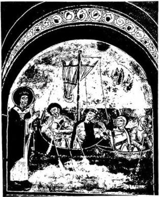 Above left: ST. NICHOLAS APPEARS TO THE PILGRIMS and makes them disperse the pestilential oil. Fresco of the 13th cent. - Novalesa, chapel of S. Eldrado. Above right: THE NATIVITY. Fresco by Gaudenzio Ferrari (1531-33) - Vercelli, church of S. Cristoforo. Below left: ST. ANDREW, ST. CATHERINE AND ST. SEBASTIAN. Painting by Defendente Ferrari (1518-35) - Milan, Pinacoteca di Brera. Below right: ST. FRANCIS RECEIVES THE STIGMATA. Painting by Macrino d'Alba - Turin, Pinacoteca.
