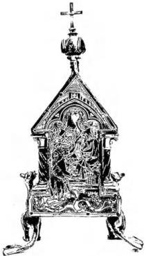 Above left: RELIQUARY OF ST. ANDREW. Art of Hugh of Oignies (13th cent.) - Chieri, Treasury of the Cathedral. Above right: BINDING OF AN EVANGELIARY in gold, «cloisonné» enamels, filigree and precious stones (11th cent.) - Vercelli, Cathedral. Below: RELIQUARY CASKET OF ST. ELDRADO, in embossed silver plates (11th-12th cent.) - Novalesa, parish church.