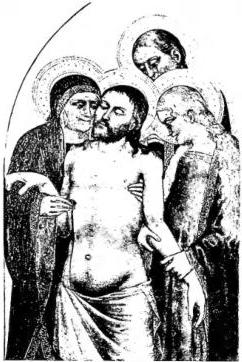Above left: DEAD JESUS SUPPORTED BY THE VIRGIN. Painting by Giovanni da Milano (14th cent.) - Florence, Galleria antica e moderna. Above right: DEAD JESUS IN THE LAP OF HIS MOTHER. Painting by Cosmè Tura (ca. 1485) - Venice, Museo civico. Below: JESUS SUPPORTED BY THE VIRGIN AND ST. JOHN. Below the instruments of the Passion. Painting by Bartolomeo Bonasia (1488) - Modena, Pinacoteca.