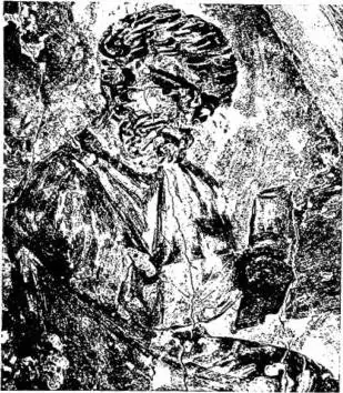 Above left: ST. PETER READING THE LEX CHRISTI. Fresco of the 4th cent. - Rome, Cimitero inter duas lauros. Above right: BUST OF ST. PETER. Fresco of the 5th cent. in the catacomb of S. Gennaro - Naples. Below: THE TRADITIO CLAVIUM. Fresco (668-85) from the cemetery of Commodilla - Rome.