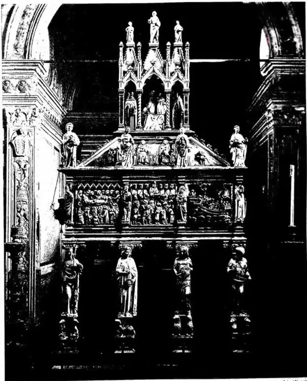 ARK OF ST. PETER MARTYR. At the centre scene of his canonization performed at Perugia by Innocent IV, 24 March 1253, work by Balduccio da Pisa (1399) - Milan, basilica of S. Eustorgio, Cappella Portinari.