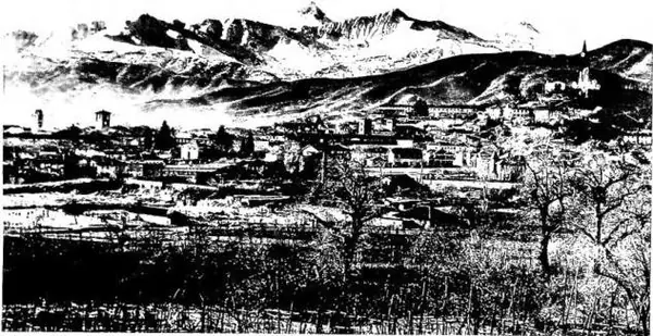 In alto: VEDUTA GENERALE DELLA CITTÀ DI PINEROLO. In basso: VEDUTA DELLA CHIESA DI S. MAURIZIO (sec. XIV-XV) - Pinerolo.