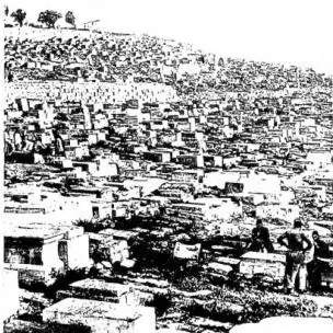 Above left: JEWISH TOMBS AT THE FOOT OF THE MOUNT OF OLIVES - Jerusalem. Above right: MOUNT OF OLIVES. Eastern slope with the first stretch of the Jericho road. Below: MOUNT OF OLIVES and Mount Moriah (of the Temple), seen from the ancient Ophel.