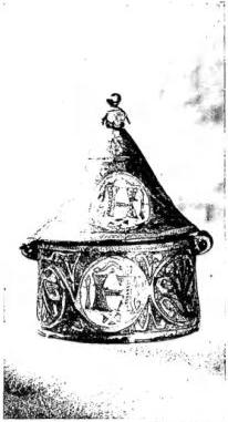 Above: left: PYXI of the 13th cent. with Limoges enamels - Biblioteca Vaticana, Museo sacro. Centre: PYXI of the 13th cent. - Anagni, Tesoro della Cattedrale. Right: PYXI of the 13th cent., with Limoges enamels - Biblioteca Vaticana, Museo sacro. Below: left: GILT-SILVER PYXI WITH RUBY CABOCHONS (18th cent.) - Mesurace, church of the Retreat. Centre: IVORY PYXI IN BAOULÉ STYLE. Work by Karamo Dijawara. Ivory Coast - Rome, Mostra d'arte missionaria del 1950. Right: BRASS PYXI. Indigenous art of French Africa - Rome, Mostra d'arte missionaria del 1950.