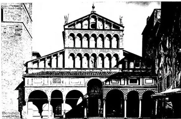 In alto: FACCIATA DEL DUOMO (età romanica: il portico è del 1311). In basso: FIANCO DELLA CHIESA DI S. GIOVANNI FUORCIVITAS (sec. XII).