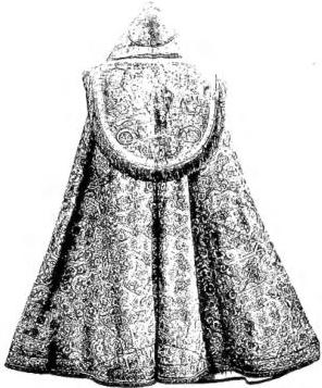 Above left: COPE OF BONIFACE VIII (13th cent.) - Anagni, Tesoro della Cattedrale. Above right: COPE of oriental brocade with hood or shield in 16th-cent. tapestry - Vatican, Museo sacro. Below left: COPE with 16th-cent. embroidery - Perugia, Museo dell'Opera del Duomo. Below right: COPE in green silk with Indian ornamental motifs embroidered in gold - Rome, Mostra internazionale d'arte missionaria del 1950.