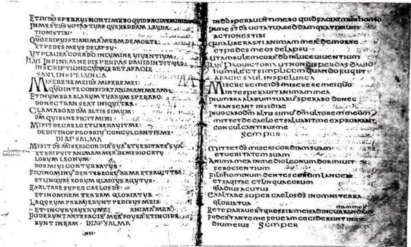 In alto: SALTERIO DOPPIO, detto di Ewrardo, conte del Friuli, con il Salterio gallicano (f. 91v) e il Salterio «Iuxta Hebraeos» (f. 92r). Cod. Reginensis lat. 11 della metà ca. del sec. VIII - Bibl. Vaticana. In basso: SALTERIO MONASTICO BENEDETTINO (sec. X-XI). Contiene il Salterio romano riveduto 