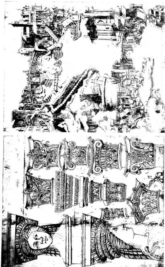 STUDIES FOR CAPITALS AND DRAWING OF THE BRIDGE OF THE ISLAND OF S. BARTOLOMEO and of the Castle and the bridge of S. Angelo from the Libro di Giuliano di S., cod. Vat. Barb. lat. 4424.