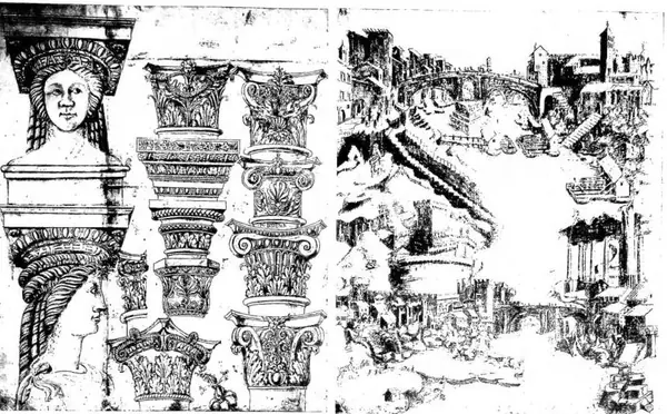 STUDIES FOR CAPITALS AND DRAWING OF THE BRIDGE OF THE ISLAND OF S. BARTOLOMEO and of the Castle and the bridge of S. Angelo from the Libro di Giuliano di S., cod. Vat. Barb. lat. 4424.