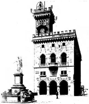 Above left: EXTERIOR OF THE PRINCE'S PALACE, or Government Palace, rebuilt by the architect Azzurri in 1894 on the remains of the 13th cent. - San Marino. Above right: THE «I PENNA» (alt. 745 m), CALLED THE ROCK OR WATCHTOWER, built in the 14th cent., then rebuilt and restored - San Marino. Below: VIEW OF MONTE TITANO (alt. 749 m) - San Marino.