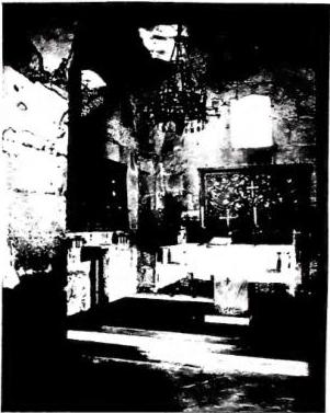 Above left: EXTERIOR OF THE CHURCH OF S. MARIA DI GROTTAFERRATA, consecrated in 1025, transformed in 1754 and restored from 1902 to 1931. The bell tower is of the 12th cent. Above right: INTERIOR OF THE CHURCH. First chapel on the right, adapted in an ancient environment. Below left: PORTAL OF THE CHURCH WITH WOODEN DOOR (11th-12th cent.). Below right: BAPTISMAL FONT (the date oscillates between Early Christian era and 11th cent.).