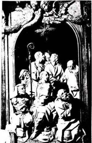 Above left: GROUP OF THE CONVERTED SAINTS by José Ramirez (18th cent.) in the S. Cappella - Zaragoza, basilica del Pilar. Above right: TRANSFIGURATION, work by Pedro Joan, Gaspar and Gil de Morlanes (14th-15th cent.). Detail of the alabaster retable of the high altar - Zaragoza, the «Seo». Below: EXTERIOR OF THE BASILICA DEL PILAR - Zaragoza.
