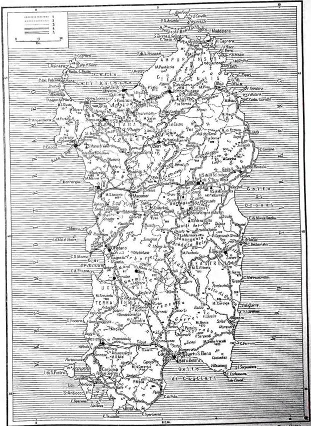 SARDINIA - 1. State border - 2. Province border - 3. Border of ecclesiastical district - 4. Road - 5. Railway.