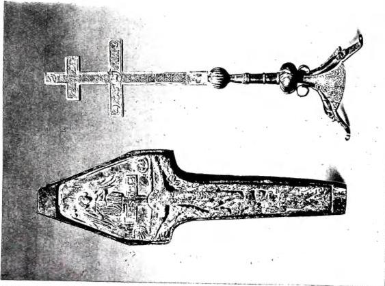 Left: DETAIL OF THE BRONZE DOOR OF THE CATHEDRAL (1119) - Troia. Right: RELIQUARY OF THE HOLY CROSS. Metal cross with Limousin enamels and carved wood case (13th cent.) - Barletta, church of the Holy Sepulchre.