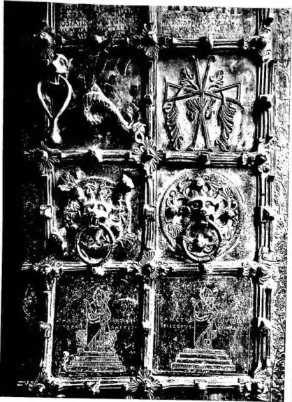 Left: DETAIL OF THE BRONZE DOOR OF THE CATHEDRAL (1119) - Troia. Right: RELIQUARY OF THE HOLY CROSS. Metal cross with Limousin enamels and carved wood case (13th cent.) - Barletta, church of the Holy Sepulchre.
