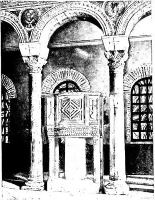Above left: AMBO IN GREEK VEINED MARBLE (6th cent.) - Ravenna, church of S. Apollinare Nuovo. Above right: PULPIT of the 12th cent. - Palermo, Cappella Palatina. Below left: PULPIT, carved by Fra Giacomo (12th cent.). - Abbey of S. Clemente a Casauria, Torre de' Passeri. Below right: PULPIT, work by Rossellino (15th cent.) - Prato, Cathedral.