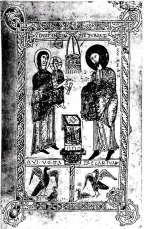 A sinistra: PRESENTAZIONE DI GESÙ AL TEMPIO. Miniatura del Sacramentario d'Ivrea fatto eseguire dal vescovo Varmondo (sec. X) - Ivrea, Biblioteca Capitolare, f. 32. Al centro: PRESENTAZIONE DI GESÙ AL TEMPIO. Particolare del pulpito in S. Maria Novella (sec. XV) - Firenze. A destra: LA PRESENTAZIONE