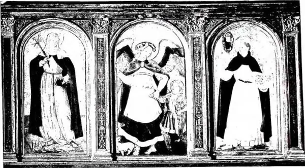Above: THE ARCHANGEL RAPHAEL WITH TOBIAS. Central part of a triptych of Florentine art (late 15th cent.) - Florence, church of S. Maria Novella. Below: THE ARCHANGEL RAPHAEL AND TOBIAS. Painting by G. Savoldo (16th cent.) - Rome, Galleria Borghese.