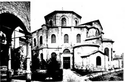 Above left: EXTERIOR OF THE CHURCH OF S. VITALE (547) - Ravenna. Above right: CATHEDRAL AND BAPTISTERY. The reconstruction of the Cathedral was completed in 1743. The dome is by Giuseppe Pistocchi (1782). The Baptistery is of the 5th cent. - Ravenna. Below left: DANTE AREA AND CHURCH OF S. FRANCESCO