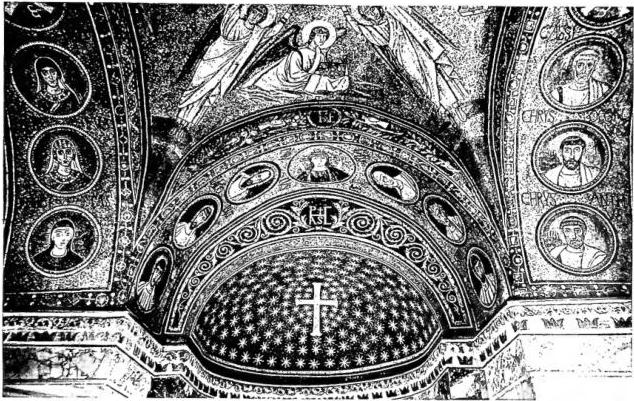 Above: MOSAICS OF THE ORATORY OF S. ANDREA, built by Peter II, whose monogram is seen in the frieze of the arch (6th cent.) - Ravenna, Archiepiscopal Palace. Below: THE «PALATIUM». Detail of the mosaic in S. Apollinare Nuovo (6th cent.) - Ravenna.