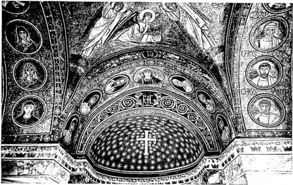 Above: MOSAICS OF THE ORATORY OF S. ANDREA, built by Peter II, whose monogram is seen in the frieze of the arch (6th cent.) - Ravenna, Archiepiscopal Palace. Below: THE «PALATIUM». Detail of the mosaic in S. Apollinare Nuovo (6th cent.) - Ravenna.