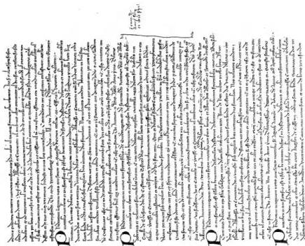 Left: PAGE OF ORIGINAL PAPER REGISTER OF CLEMENT VI, with acts of 1343, crossed out after transcription - Archivio segreto Vaticano, Reg. Vat. 214, f. 399ᵛ. Right: PAGE OF PARCHMENT REGISTER OF CLEMENT VI, with acts of 1342-43 copied from the paper originals. The act marked at the right margin with a vertical line and the annotation «(st) enim de anno s(e)(un)do et ibi e(st) se(r)ipta» reproduces that recorded in the upper part of the left figure - Archivio segreto Vaticano, Reg. Vat. 155, f. 128ᵛ.
