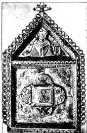 In alto a sinistra: CASSETTA RELIQUIARIO. Nel timpano S. Gondulfo; nel quadrilobo in smalto la Verità al centro, e nei lati la Giustizia, la Carità, la Fede e la Speranza (ca. 1160-70) - Bruxelles, Museo reale d'arte e di storia. In alto al centro: BRACCIO RELIQUIARIO IN ARGENTO E SMALTI (sec. XIII)