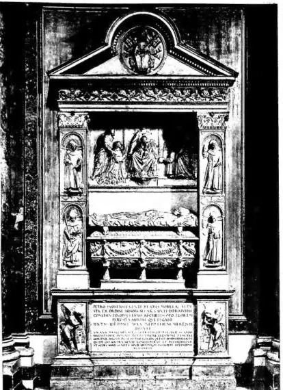Left: MONUMENT TO CARD. PIETRO RIARIO by Andrea Bregno. The Virgin and Child is by Mino da Fiesole - Rome, church of SS. Apostoli. Right: WINDOW WITH BALCONY OF THE PALAZZO DELLA CANCELLERIA (1483-1511) with the arms of the Riario family - Rome.