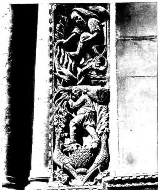 Above left: AUTUMN AND WINTER. Detail of the relief on the second arch of the portal of St. Mark's (early 13th cent.) - Venice. Above right: JESUS THE WORKER. Work by Enrico Manfrini (1951). At the "Pro Civitate Christiana" in Assisi. Below left: STONING OF ST. EMERENTIANA. Work by E. Ferrata (ca. 1670) - Rome, church of St. Agnes in Piazza Navona. Below right: THE KILLING OF ABEL. Sculpture by Jacopo della Quercia (15th cent.). Panel of the main door of the basilica of St. Petronius - Bologna.