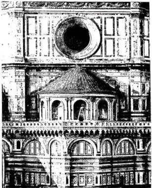 Above left: EXTERIOR OF THE DRUM OF THE DOME OF ST. MARY OF THE FLOWER, by F. Brunellesco (ca. 1425) - Florence. Above right: DETAIL OF THE MAUSOLEUM OF ST. CELESTINE V, work by Silvestro di Giacomo called dell'Aquila (1500-1505) - Aquila, church of St. Mary of Collemaggio. Below: PERSPECTIVE WOOD I