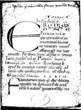 Above left: RITUAL OF ST. FLORIAN (12th cent.); the ms. begins with the rite of the Candlemas procession. Above right: MANUALE CURATORUM, copied in 1540 for the parish of Courmayeur (Aosta) by the parish priest Jeninus Ferein - Aosta, Biblioteca del Seminario maggiore. Below left: TITLE PAGE OF THE BAPTISMALE, published in Venice in 1546 - Copy in the Biblioteca Vaticana. Below right: TITLE PAGE OF THE AMBROSIAN "SACRAMENTARIUM", Milan 1560 - Copy in the Biblioteca Vaticana.