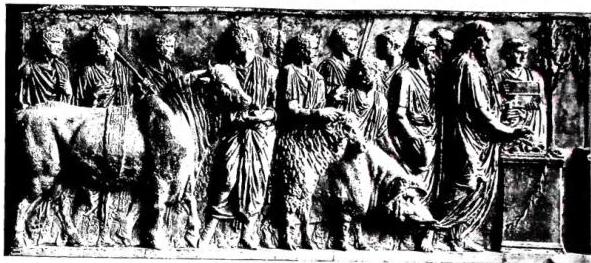 Above: SUOVETAURILIA. Relief from the age of Tiberius, formerly in Palazzo S. Marco - Paris, Louvre Museum. Centre: ARA DEI VICOMAGISTRI, found under the Palazzo della Cancelleria. Detail with the Vicomagistri and the Camilli carrying the statuettes of the Lares and of the Genius of the Emperor from the age of the Flavians - Musei Vaticani. Below: TRAJAN SACRIFICING TO JUPITER - Benevento, arch of Trajan.