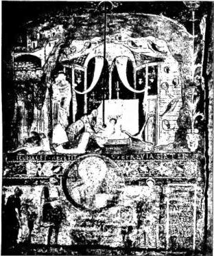 Above left: MIRACLE OF THE PERIODIC APPEARANCE OF THE TOMB OF ST. CLEMENT FROM THE BOTTOM OF THE SEA. Fresco of the late 11th cent. in the narthex of the lower church - Rome, basilica of St. Clement. Above right: APOSTLES, detail of the Last Judgment by P. Cavallini (early 14th cent.) - Rome, monastery of St. Cecilia. Below: EPISODE FROM THE LIFE OF ST. SILVESTER AND OF CONSTANTINE THE EMPEROR. Frescoes of the 12th cent. - Rome, church of the SS. Quattro Coronati, chapel of St. Silvester.