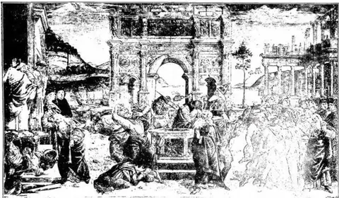 Arch of Constantine and remains of the Septizonium. Fresco by Sandro Botticelli in the Sistine Chapel (ca. 1483) depicting the *Punishment of Korah, Dathan and Abiram*.