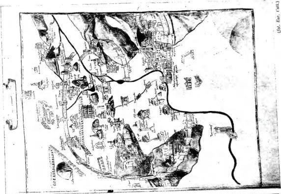Left: ICHNOGRAPHIC PLAN OF ROME. Drawn on parchment (14th cent.) - Biblioteca Vaticana, cod. Vat. lat. 1960, fol. 270v. Right: PLAN OF ROME drawn and painted on parchment by Jacopo Angelo Fiorentino (1472) - Biblioteca Vaticana, cod. Urb. lat. 277, fol. 131r.