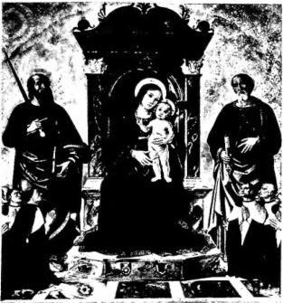 Above left: THE MADONNA ENTHRONED BETWEEN SS. PETER AND PAUL. Below the Auditors of the Rota, by Antoniazzo Romano (1472) - Pinacoteca Vaticana. Above right: ST. LUKE. Fresco of the school of Piero della Francesca (15th cent.) - Rome, basilica of St. Mary Major. Below: MADONNA BETWEEN TWO ANGELS. Roman mosaic of the 13th cent. Lunette of the side door of St. Mary in Aracoeli - Rome.