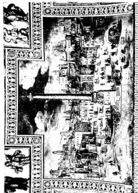 VIEWS OF ROME AT THE TIME OF SIXTUS V. Above left: PIAZZA DEL POPOLO. Above right: PIAZZA COLONNA. Below left: LATERAN PALACE AND SIDE FACADE OF THE BASILICA. Below right: ST. MARY MAJOR. Frescoes of the Salone Sistino of the Biblioteca Vaticana (1585-90).