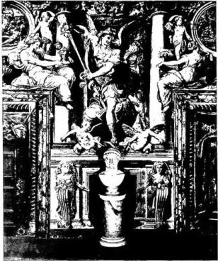 Above left: THE ARCHANGEL MICHAEL AND THE VIRTUES. Fresco by Perin del Vaga (mid ca. 16th cent.) - Rome, Castel S. Angelo. Above right: MADONNA ENTHRONED BETWEEN ST. CATHERINE OF SIENA AND ST. CATHERINE OF ALEXANDRIA. At the foot, kneeling, Card. Ponzetti. Fresco by Baldassarre Peruzzi (ca. 1515) - Rome, church of St. Mary della Pace. Below: THE NIGHT. Detail of the fresco of the Aurora. Work by Guercino (early 17th cent.) - Rome, Casino Ludovisi.