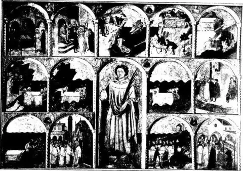 Above: ST. JULIAN AND STORIES OF HIS LIFE, polyptych by Bittino da Faenza (1408) - Rimini, church of St. Julian. Below: MADONNA WITH CHILD. At the sides St. John the Evangelist and the b. Giacomo Filippo Bertoni,…