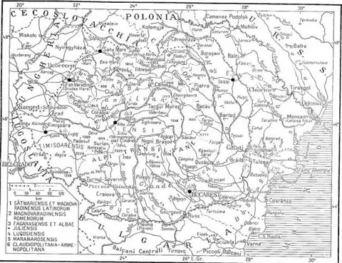 1) Present state border; 2) 1939 state border; 3) border of ecclesiastical circumscription of the Latin rite; 4) border of ecclesiastical circumscription of the Romanian rite; 5) railways.