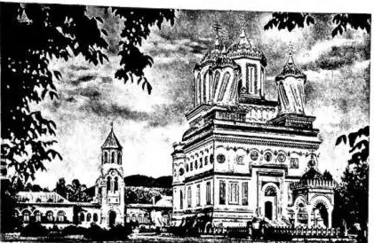 Above left: CHURCH OF THE "CURTEA" MONASTERY AT ARGES, founded by Prince Neagoe Basarab, buried there, and built between 1512-17, restored by King Carol I, buried there. Above right: THE CHRISTMAS PLOUGH. The oxen are adorned with pine, a tree that wishes happiness. Below left: BLESSING OF THE WATER
