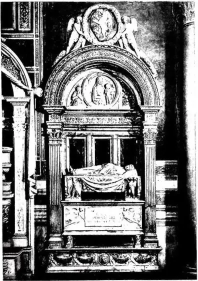 Left: MONUMENT TO LEONARDO BRUNI, by B. Rossellino - Florence, church of S. Croce. Right: MONUMENT TO CARD. JACOPO OF PORTUGAL, by A. Rossellino - Florence, church of S. Miniato al Monte.