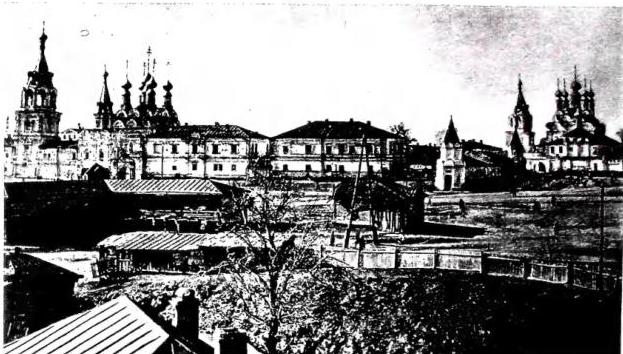 Above: VIEW OF MUROM ON THE OKA RIVER. On the left the monastery of the Most Holy Trinity (16th cent.). On the right the monastery of the Annunciation (a. 1563). Below: VIEW OF SUZDAL, ancient city and independent principality in Russia, with the monastery of the Protection of the B. V. Mary (16th cent.).