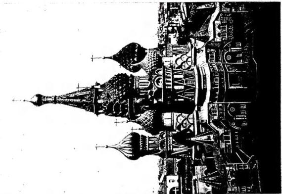 Above left: WOODEN CHURCH OF KIŽI (Kitakij Ostrov). Painting by Prince Brailowsky - Vatican City, S. Congregazione Orientale. Below left: CHURCH OF THE RESURRECTION at Kostroma (17th cent.). Painting by Prince Brailowsky - Vatican City, S. Congregazione Orientale. Right: CHURCH OF ST. BASIL THE BLESSED (16th cent.) - Moscow.