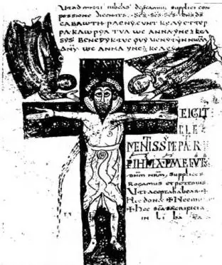 Above left: TE IGITUR WITH CRUCIFIXION. Miniature from the Sacramentary of Gellone (late 8th cent.) - Paris, Bibliothèque nationale, ms. lat. 12048, f. 143v. Above right: BEGINNING OF THE PREFACE OF THE SACRAMENTARY OF THE ABBEY OF MARMOUTIERS, f. 8 (9th cent.). In the roundels the Nativity and the 
