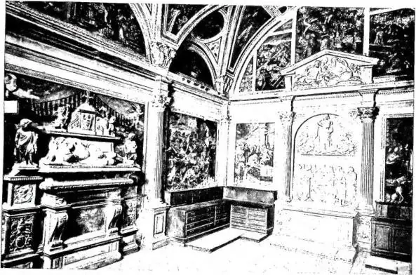Above: SACRISTY OF THE CHURCH OF S. GIOVANNI A CARBONARA, formerly Di Somma chapel, erected on a design by G. D. d'Auria and A. Caccavello (1553-66) - Naples. Below: INTERIOR OF THE SACRISTY of the church of S. Andrea al Quirinale (17th cent.) - Rome.