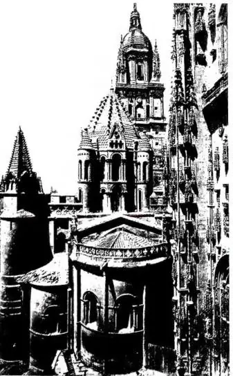 A sinistra: ABSIDE ROMANICA E TORRE DEL GALLO della Cattedrale vecchia (sec. XII) accanto alla nuova (1513-1734) - Salamanca. In alto a destra: VEDUTA DELLE CATTEDRALI - Salamanca. In basso a destra: LOGGIA E CORTILE DEL COLLEGIO DEL L'ARCIVESCOVO (sec. XVI) - Salamanca.