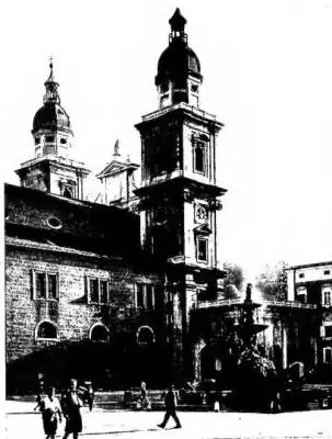 Above left: CATHEDRAL (1614-28) AND RESIDENZBRUNNEN (1656-61) - Salzburg. Above right: THE KOLLEGHIENKIRCHE (1614-1707), by J. B. Fischer v. Erlach - Salzburg. Below left: PARISH CHURCH OF OUR LADY OF GOOD COUNSEL, built to a design by Wolfgang Hagenauer (1764). The painting is a copy of the miracul